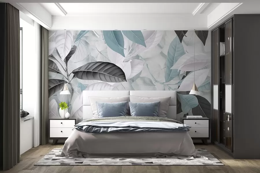 Wall Mural Photo Wallpaper Large print of blue and gray leaves against a light leaves textured background, creating a lush tropical feel w08468v1