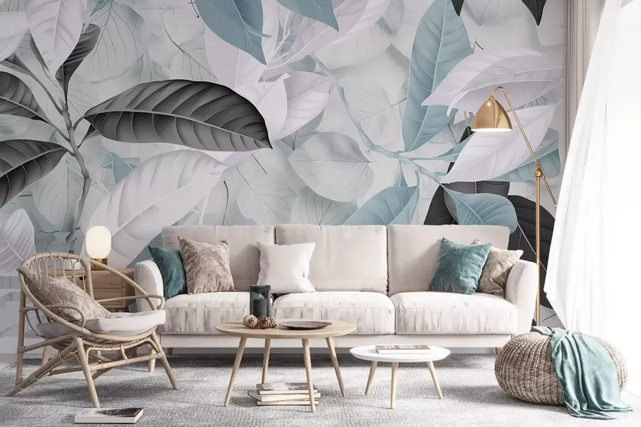 Wall Mural Photo Wallpaper Large print of blue and gray leaves against a light leaves textured background, creating a lush tropical feel w08468v1
