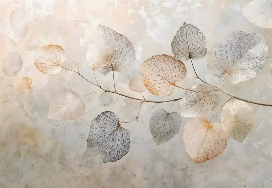 wall murals Delicate leaves with intricate veins and soft, muted colors against a pale textured background w08469