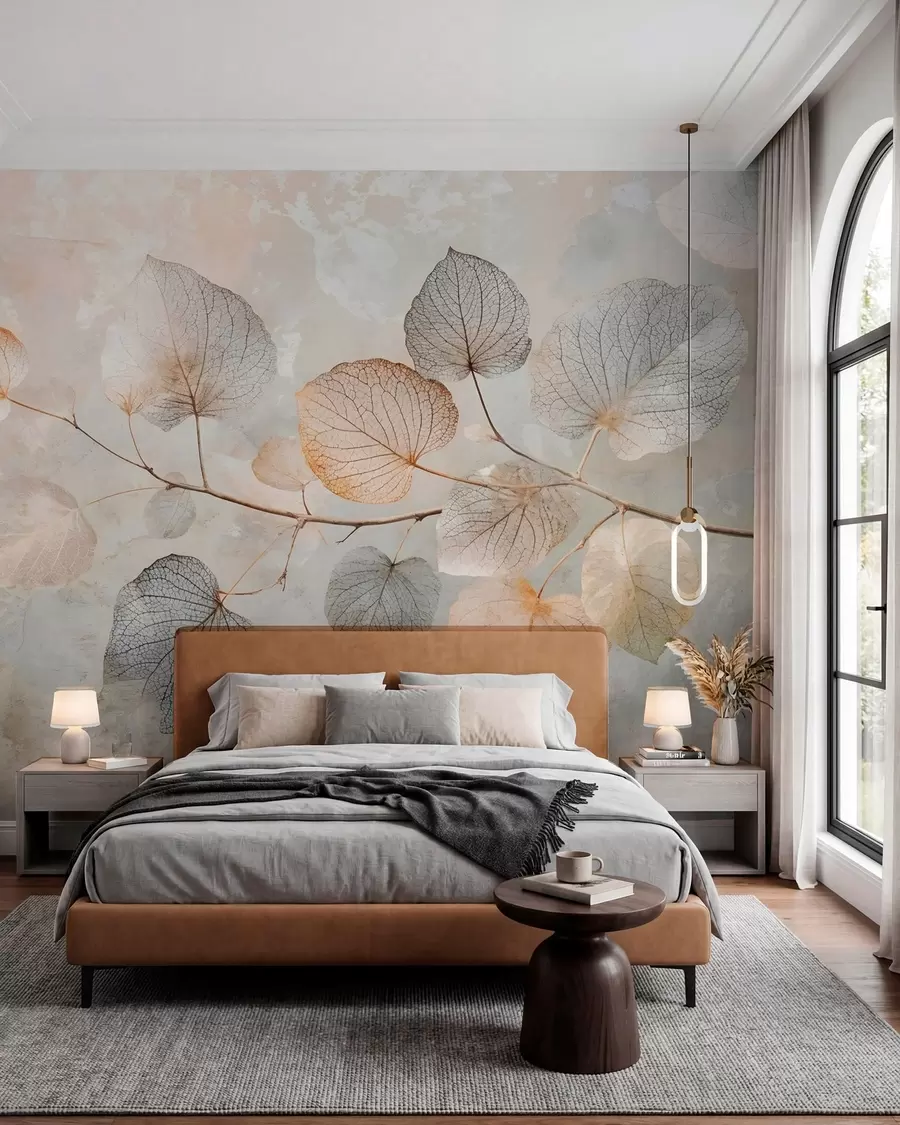 peintures murales Feuilles délicates aux nervures complexes et aux couleurs douces et sourdes sur un fond texturé pâle w08469