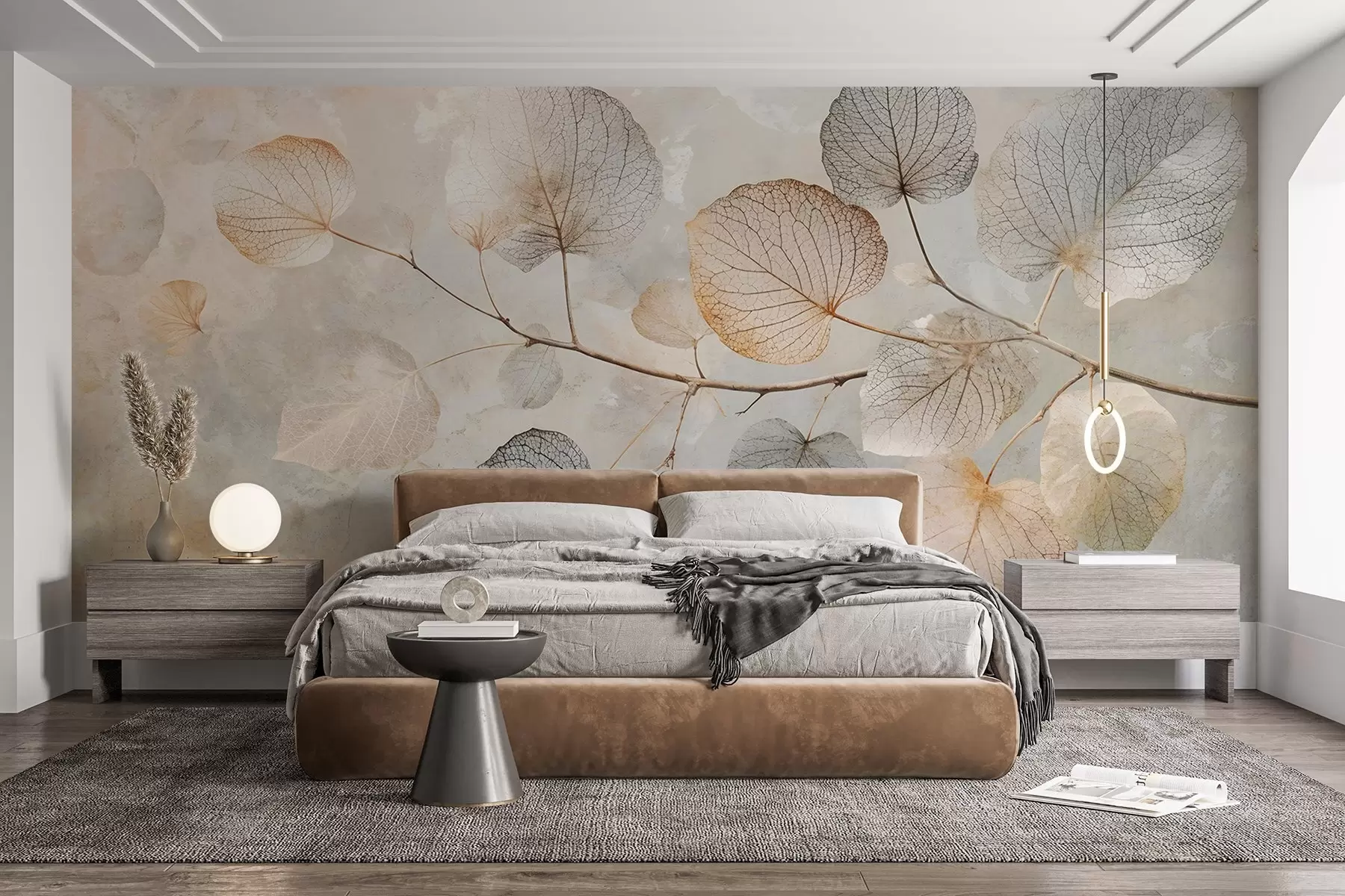 Wall Mural Photo Wallpaper Delicate leaves with intricate veins and soft, muted colors against a pale textured background w08469
