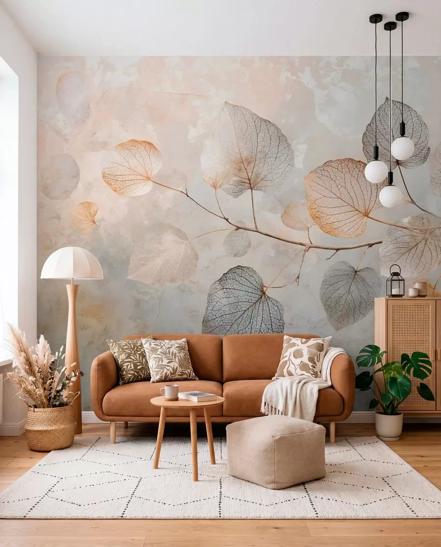 Wall Mural Photo Wallpaper Delicate leaves with intricate veins and soft, muted colors against a pale textured background w08469