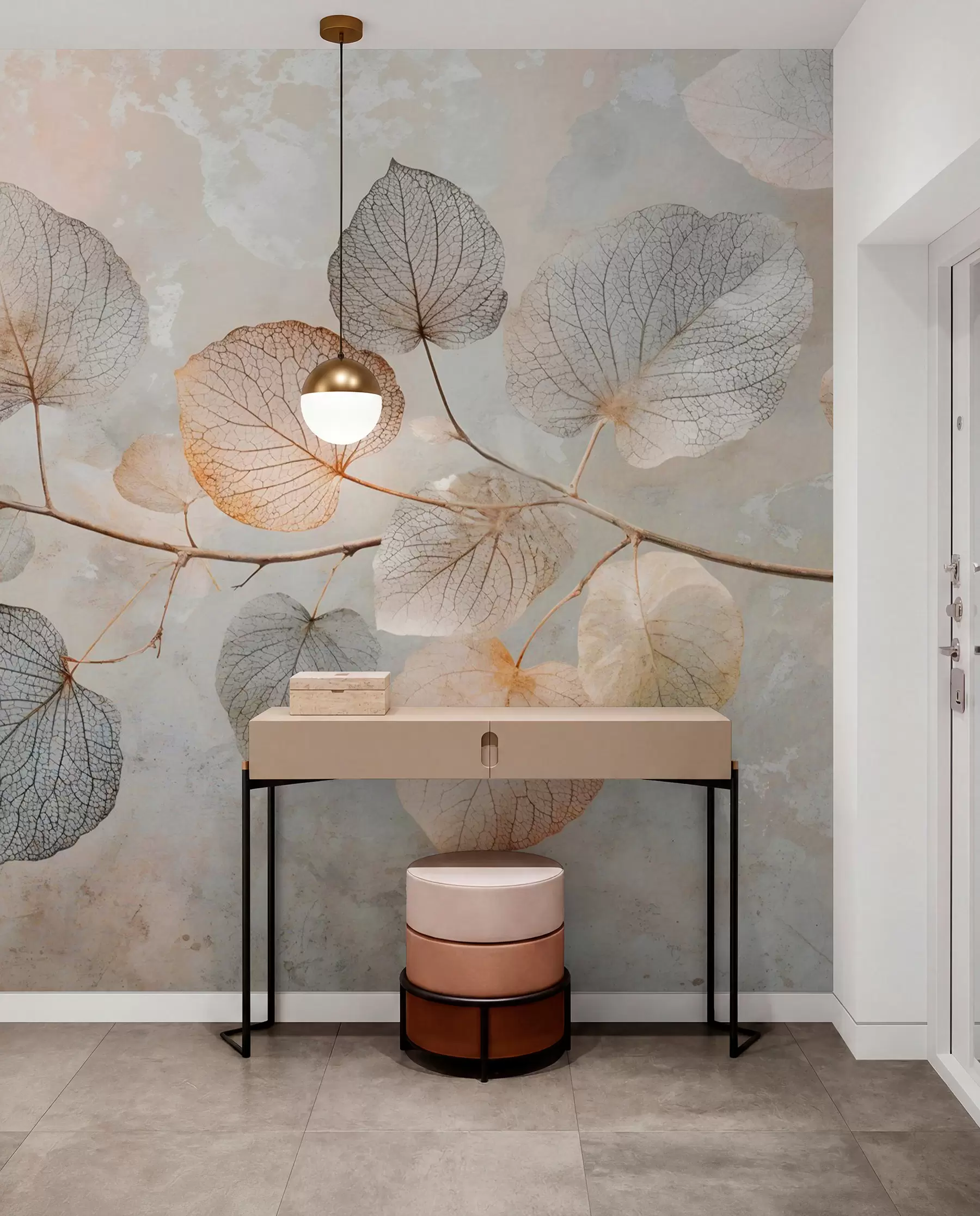 wall murals Delicate leaves with intricate veins and soft, muted colors against a pale textured background w08469