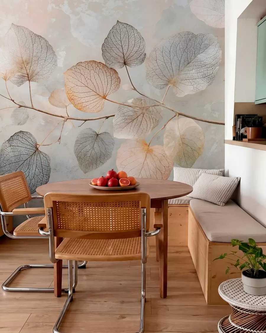 wall murals Delicate leaves with intricate veins and soft, muted colors against a pale textured background w08469
