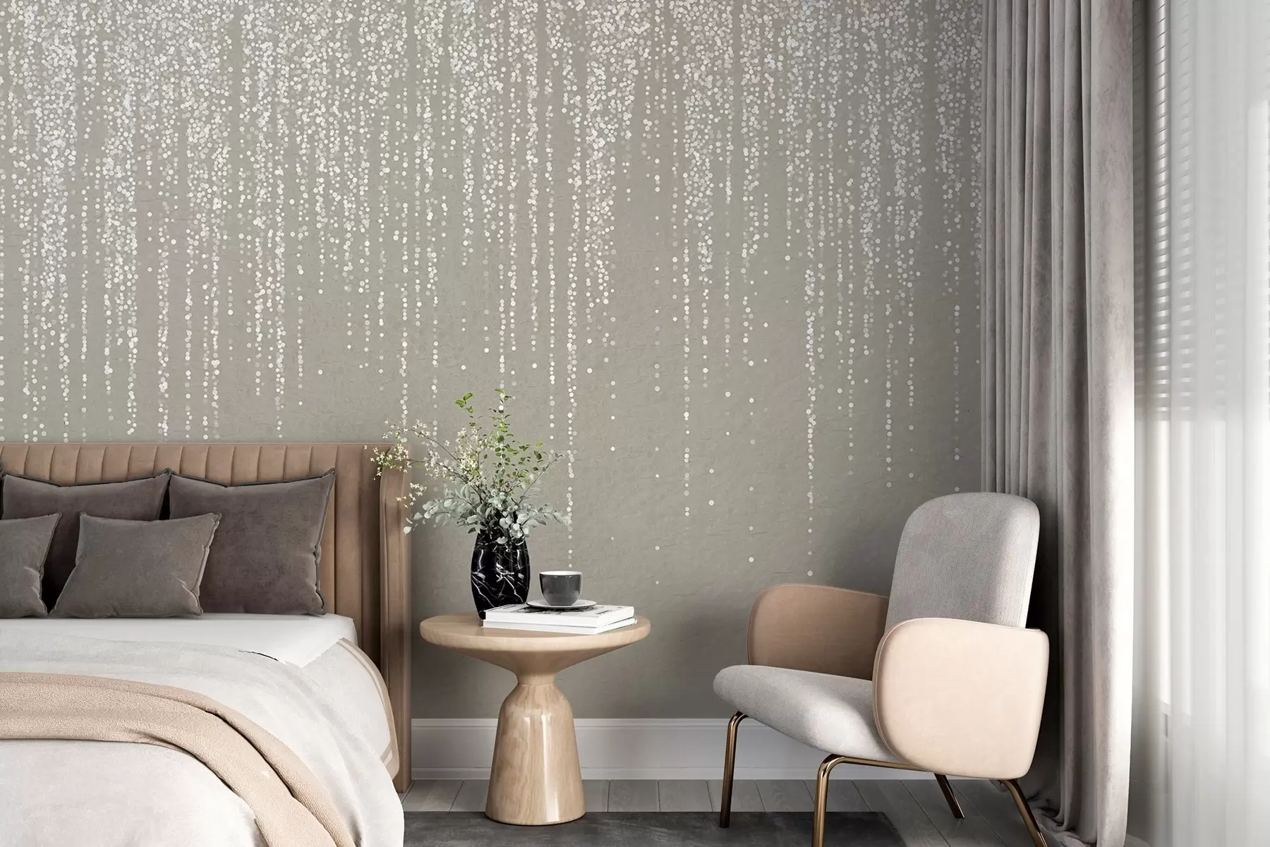 Wall Mural Photo Wallpaper A vertical elegant print of dotted garland on a beige textured background, creating a sense of depth and movement w08470