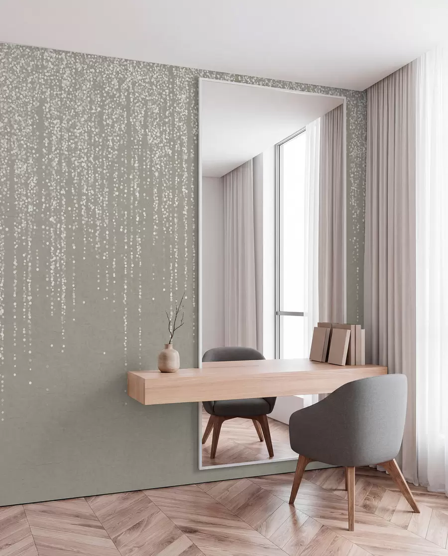 wall murals A vertical elegant print of dotted garland on a beige textured background, creating a sense of depth and movement w08470