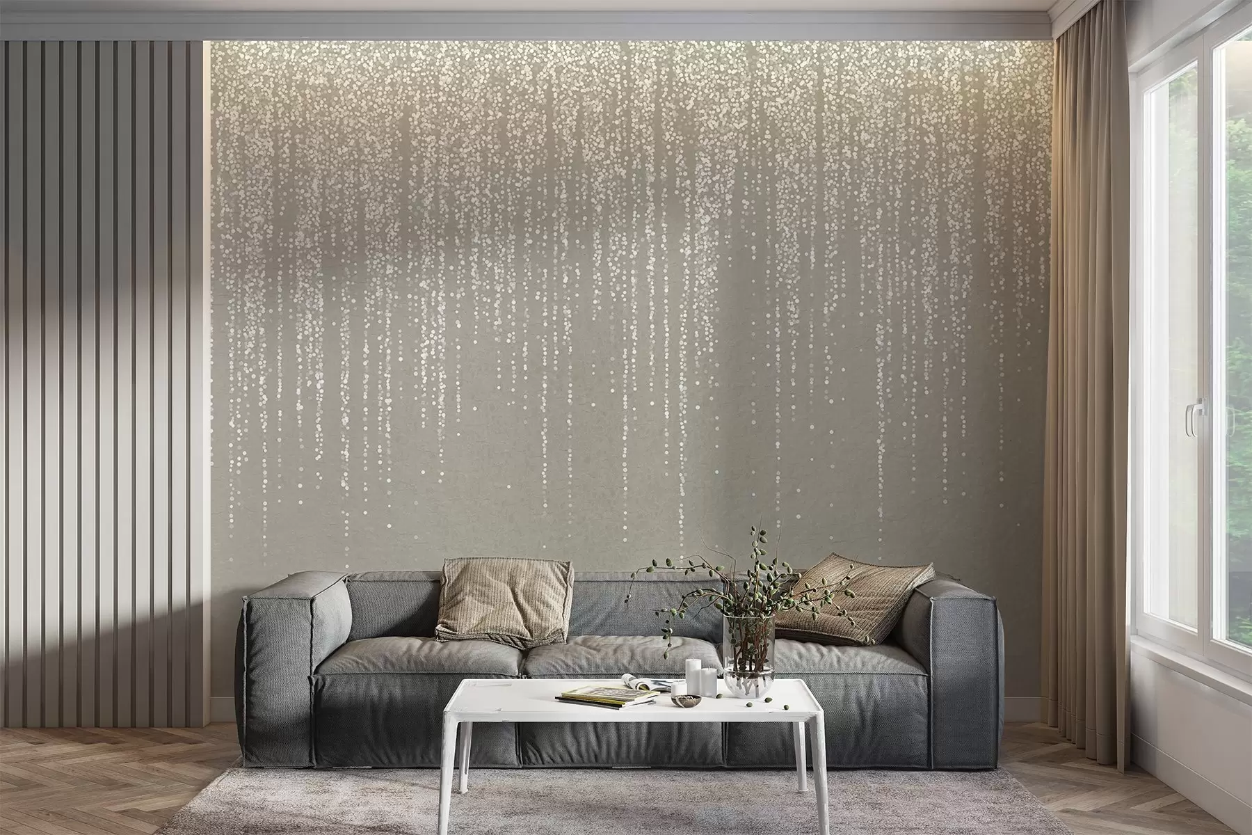Wall Mural Photo Wallpaper A vertical elegant print of dotted garland on a beige textured background, creating a sense of depth and movement w08470