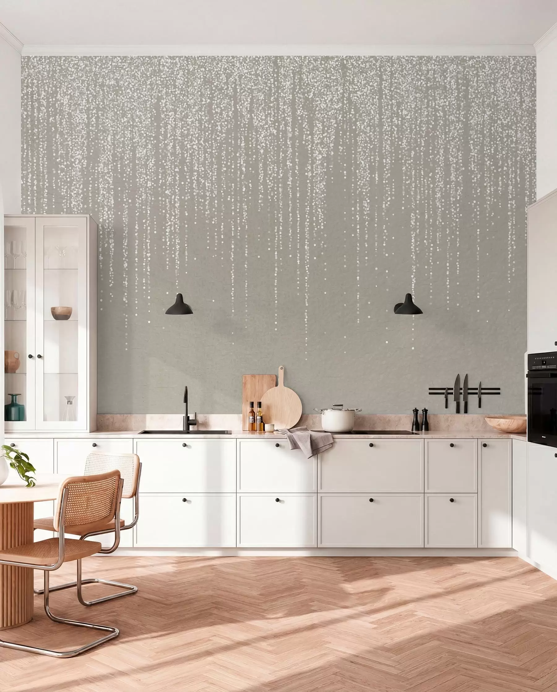 Wall Mural Photo Wallpaper A vertical elegant print of dotted garland on a beige textured background, creating a sense of depth and movement w08470