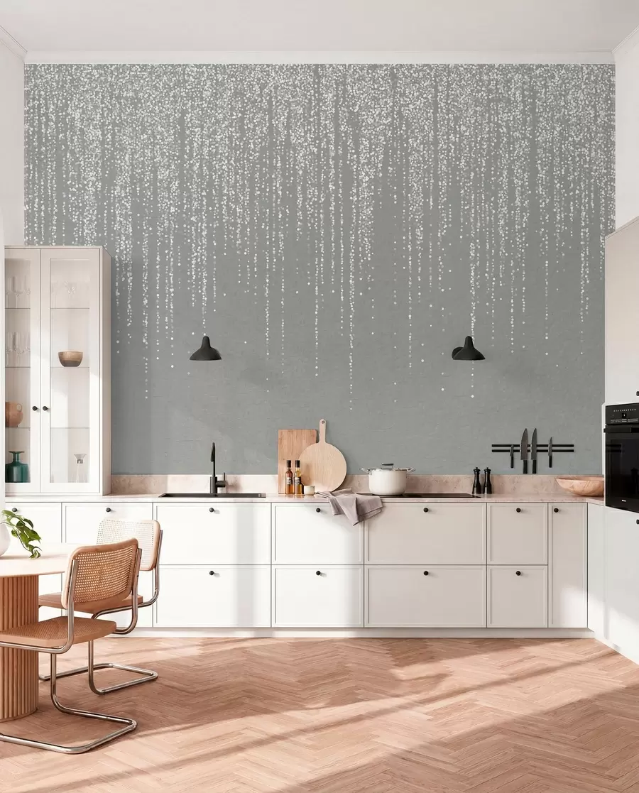 wall murals A vertical elegant print of dotted garland on a gray textured background, creating a sense of depth and movement w08470v1