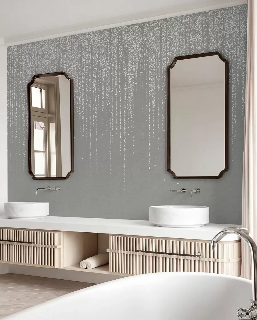 wall murals A vertical elegant print of dotted garland on a gray textured background, creating a sense of depth and movement w08470v1