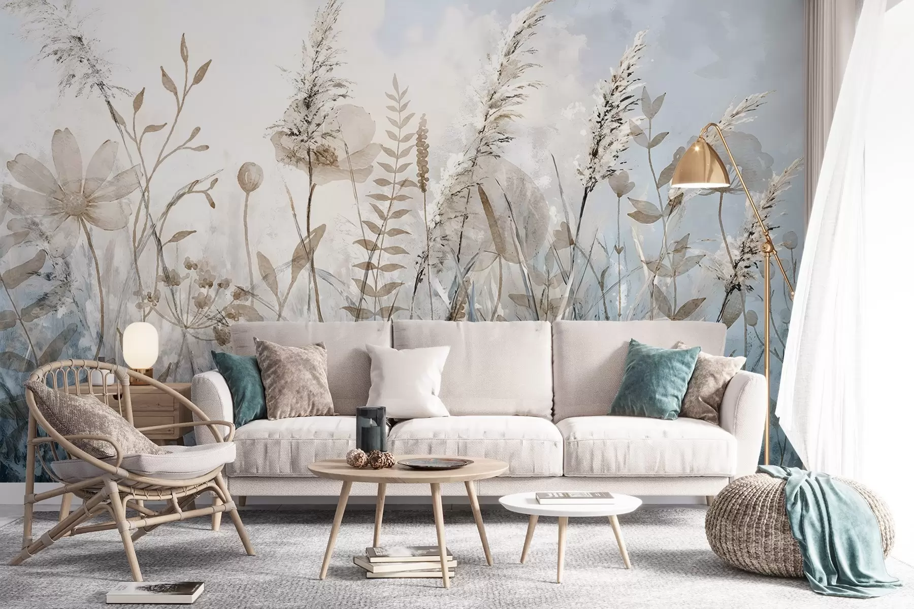 Wall Mural Photo Wallpaper A field of tall grass, natural foliage and plants with soft, wispy textures against a hazy, overcast sky w08472