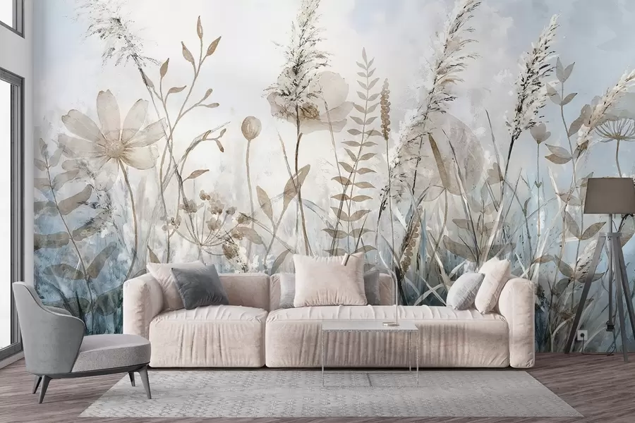 wall murals A field of tall grass, natural foliage and plants with soft, wispy textures against a hazy, overcast sky w08472