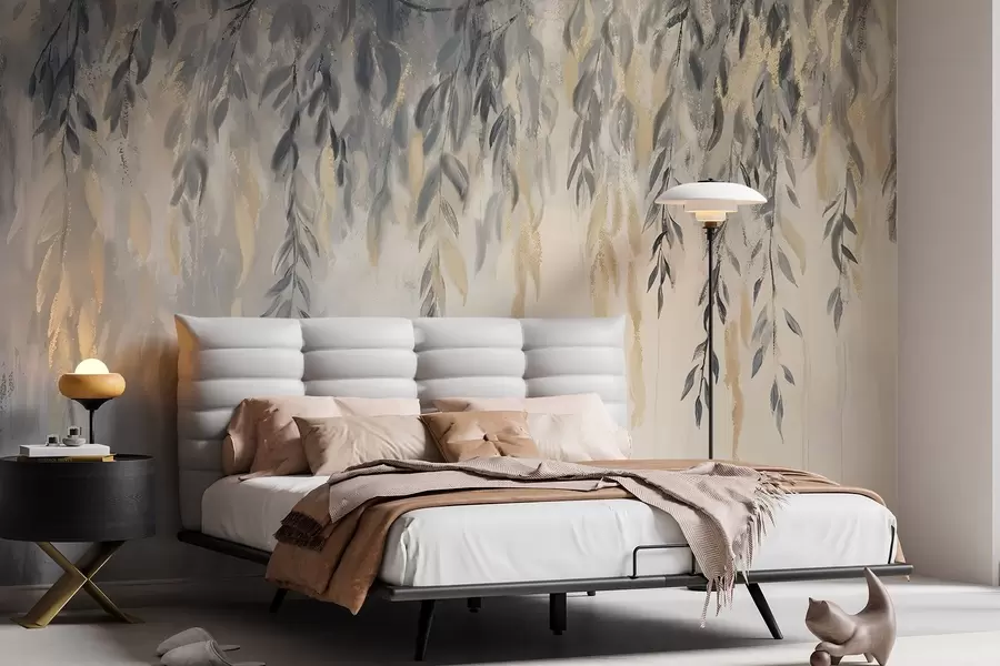 Wall Mural Photo Wallpaper Willow tree branches with delicate leaves hanging down against a soft, blurred textured background w08473