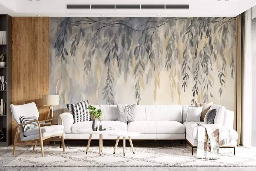 Wall Mural Photo Wallpaper Willow tree branches with delicate leaves hanging down against a soft, blurred textured background w08473