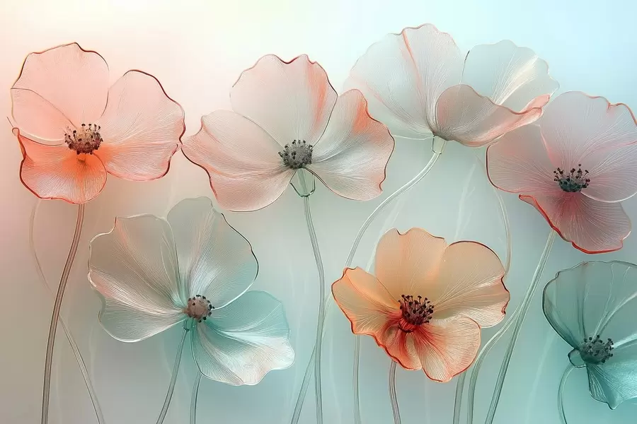 murais de parede vidro de imitação de flores de papoila em cores delicadas w02519