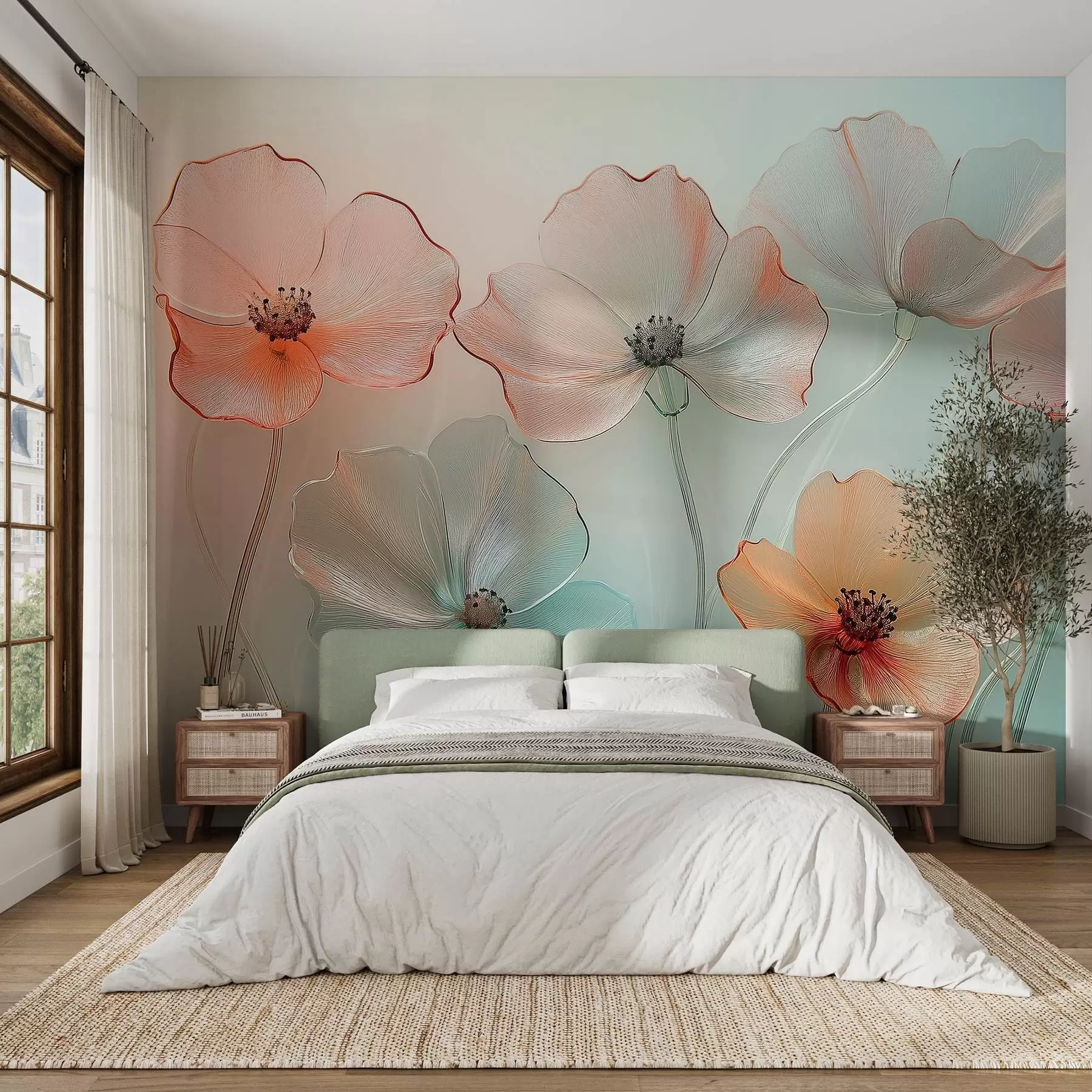 murales flores de amapola imitación cristal en colores delicados w02519