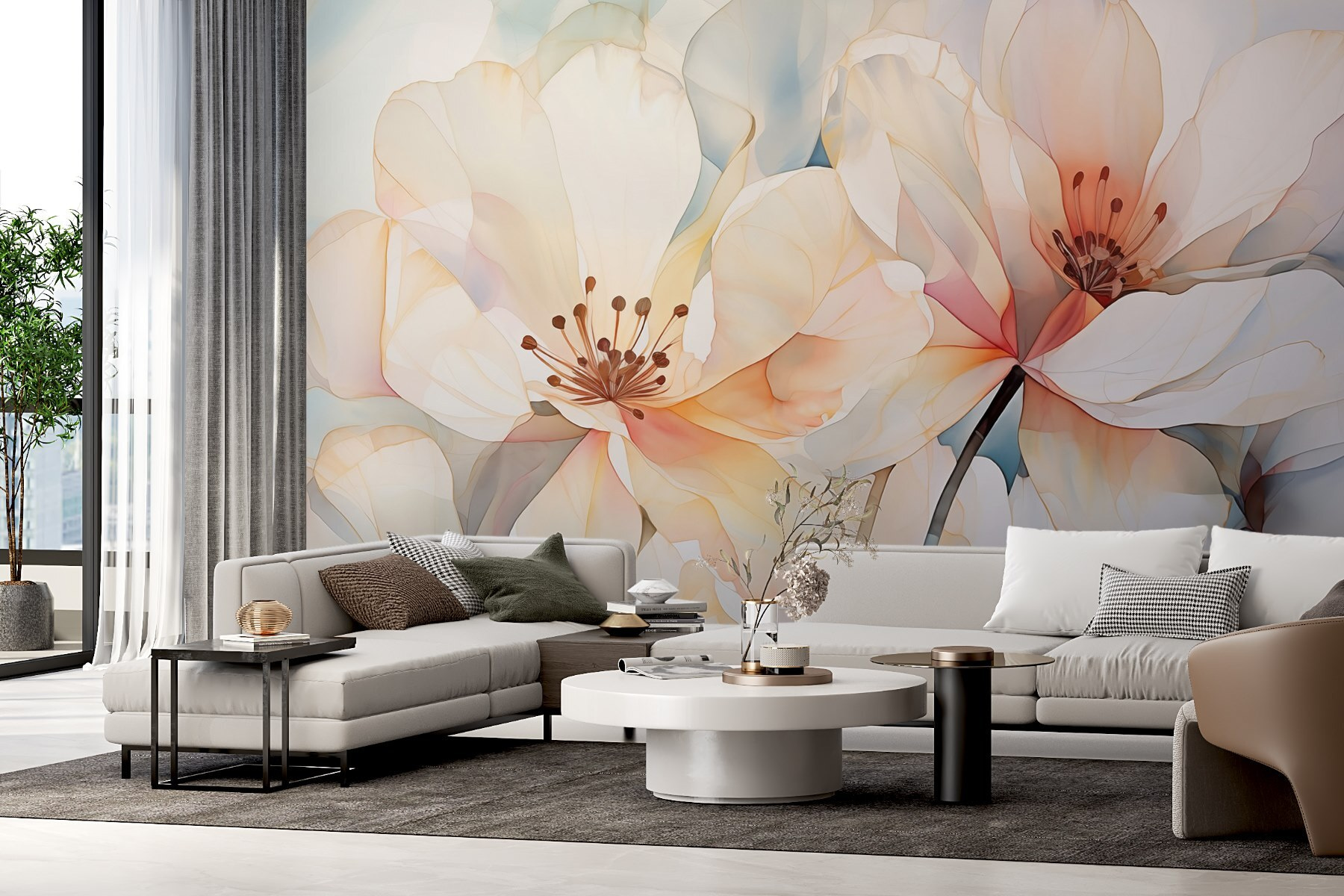 Wall Murals with Trees Flowers with large petals imitation of