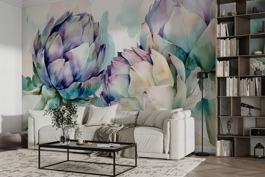 Wall Mural Photo Wallpaper Artichokes watercolor style, flowers, pink and green w02481v1