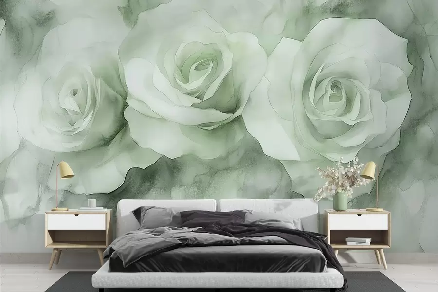 Wall Mural Photo Wallpaper Beautiful roses, watercolor style, green colors, bohemian w02492v2