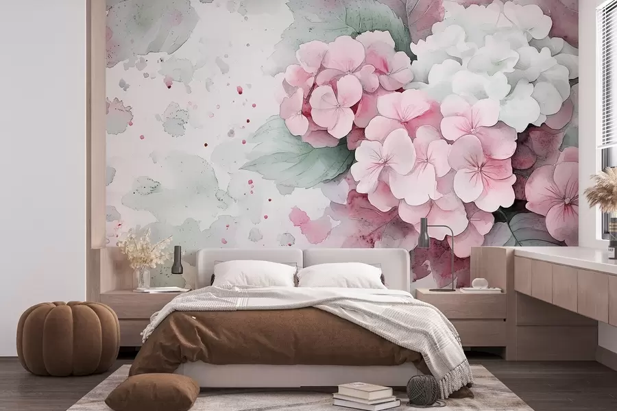 Wall Mural Photo Wallpaper Watercolor style drawing of hydrangea flowers with leaves, soft pink and green colors w02493v1