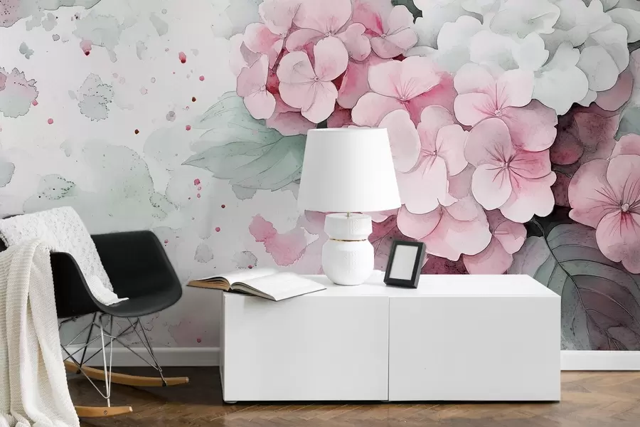 Wall Mural Photo Wallpaper Watercolor style drawing of hydrangea flowers with leaves, soft pink and green colors w02493v1