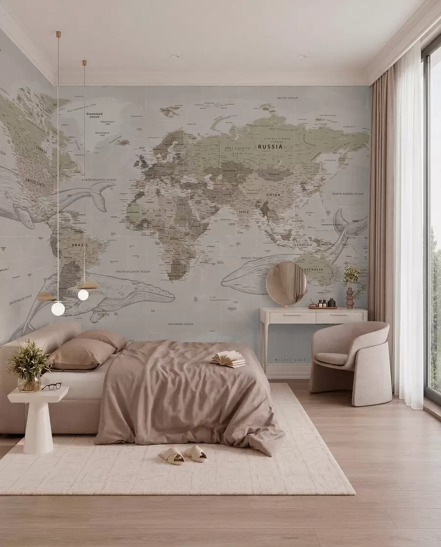 Wall Mural Photo Wallpaper World map with whales u50449