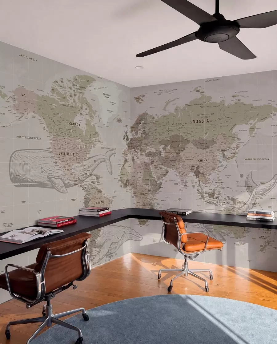 Wall Mural Photo Wallpaper World map with whales u50449