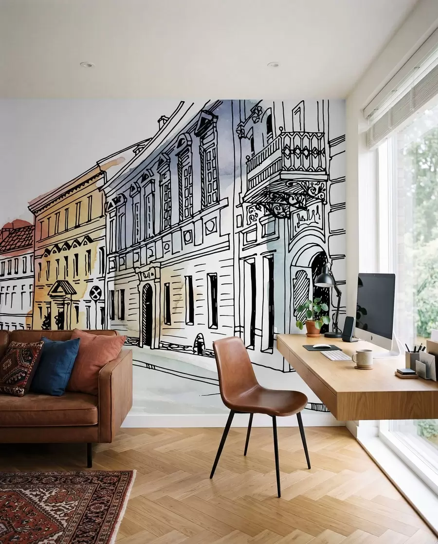 Wall Mural Photo Wallpaper Old town, marker and watercolor u51062