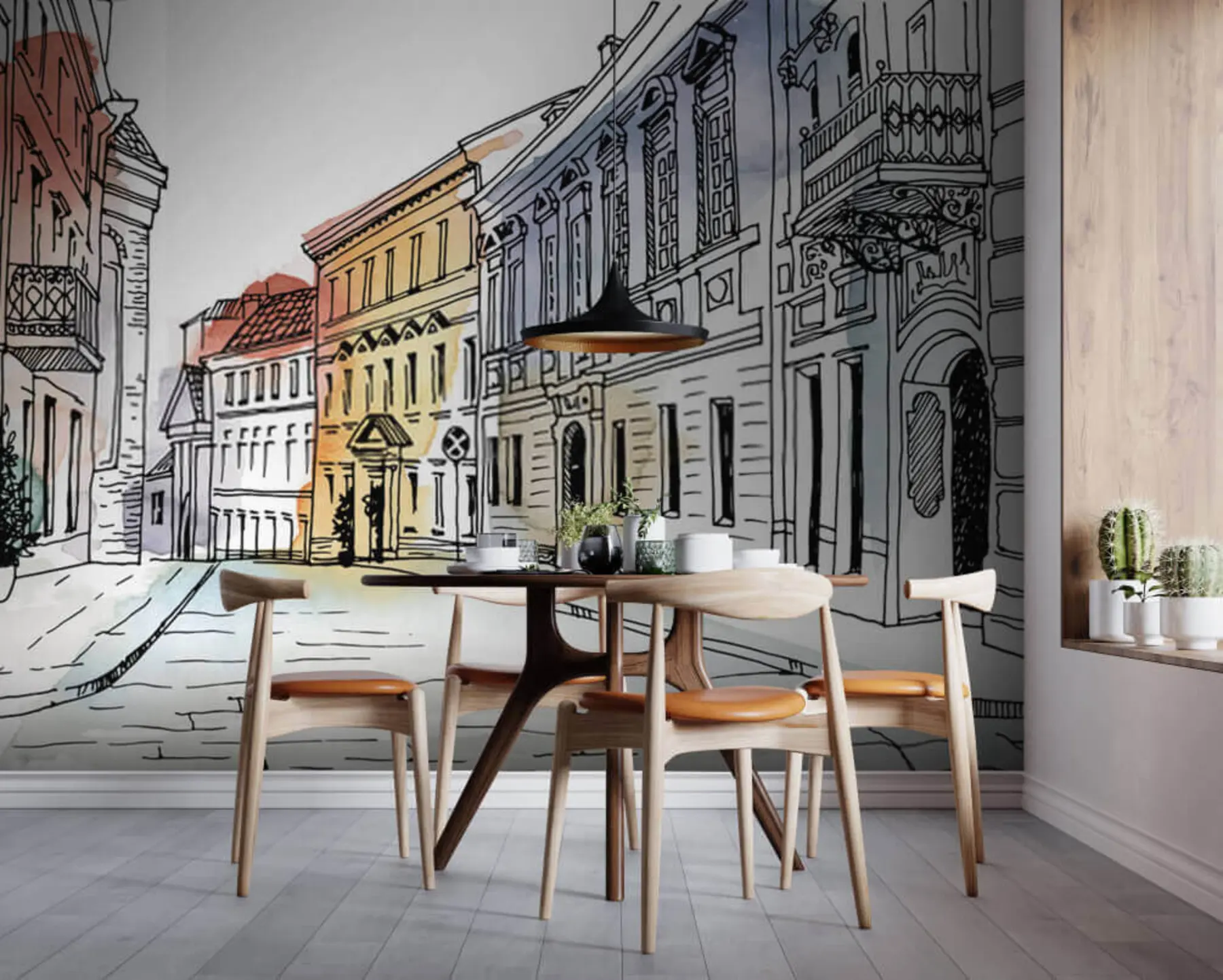 peintures murales Vieille ville, marqueur et aquarelle u51062