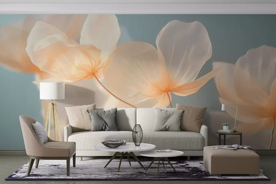 murales Pétalos de loto, una delicada composición con fondo azul w08500