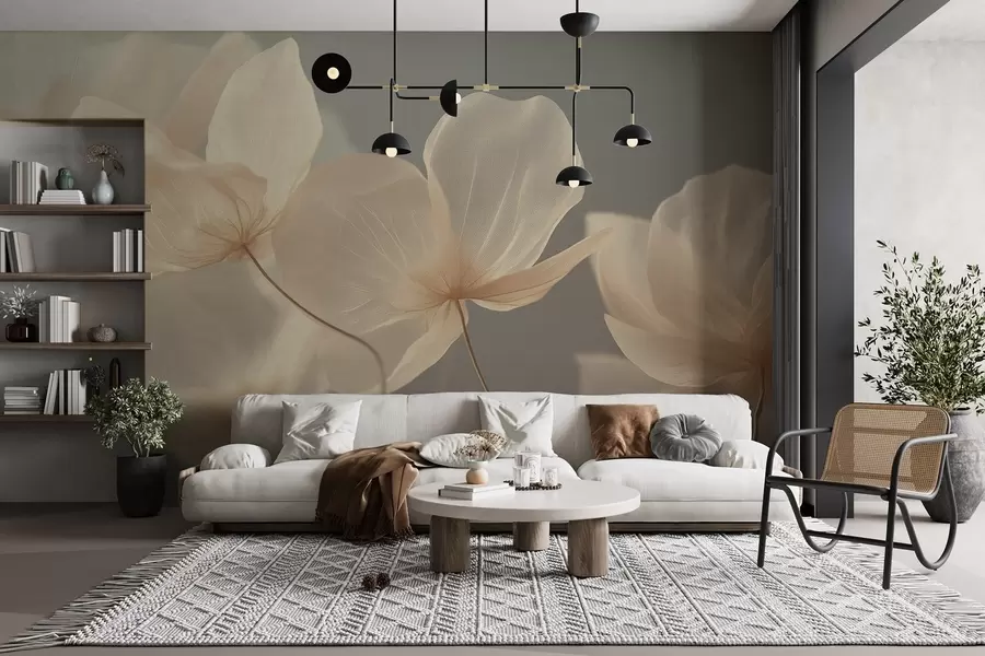 murales Pétalos de loto, una delicada composición con fondo gris w08500v2