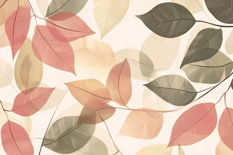 peintures murales Branches de feuilles dans les tons rouge et vert w08502