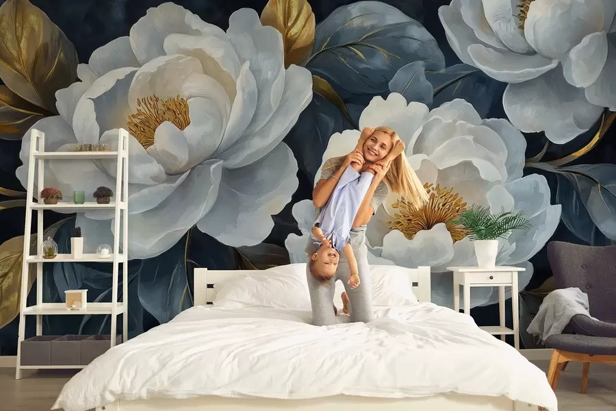 Wall Mural Photo Wallpaper Lush white peonies on a blue background in a painterly style w02315