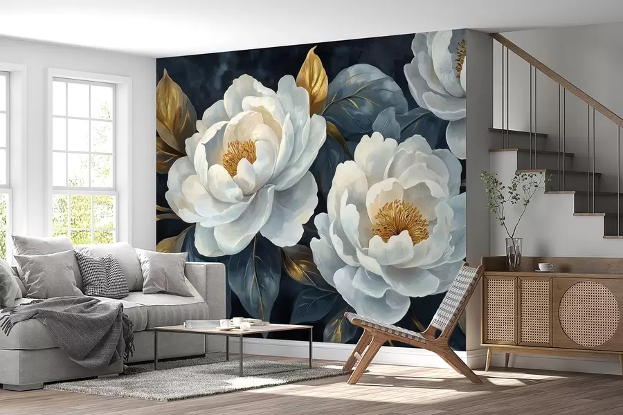 murales Exuberantes peonías blancas sobre fondo azul en estilo pictórico w02315