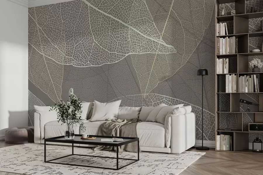 murales primer plano de hojas con venas en tonos grises cálidos w02520v2