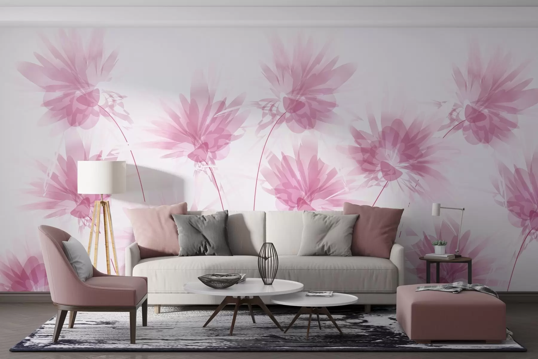 wall murals pink flowers on a light background w02561