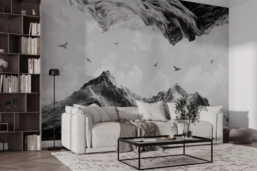 Wall Mural Photo Wallpaper Mountains landscape, realism, flying birds, nature, clouds, black and white colors w02514
