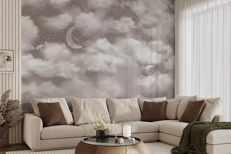 peintures murales Ciel étoilé avec lune et nuages, rêveur, éthéré, couleurs douces et beiges w02515