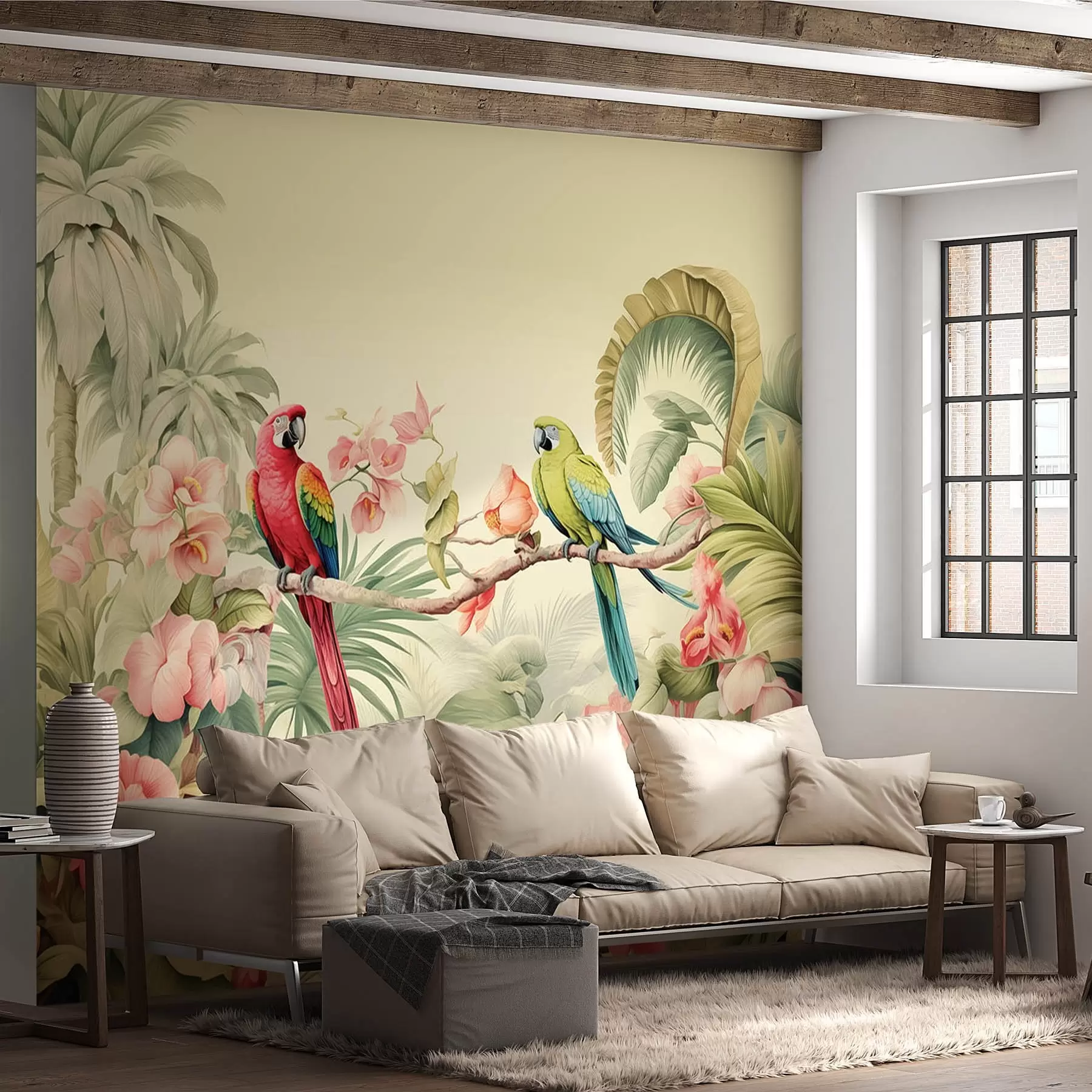 peintures murales Deux perroquets dans des buissons tropicaux w08507