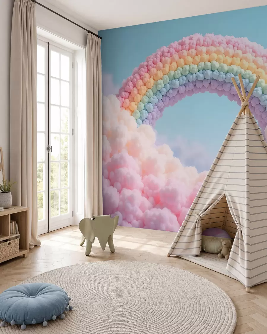 wall murals Fluffy rainbow on clouds, painted w02615