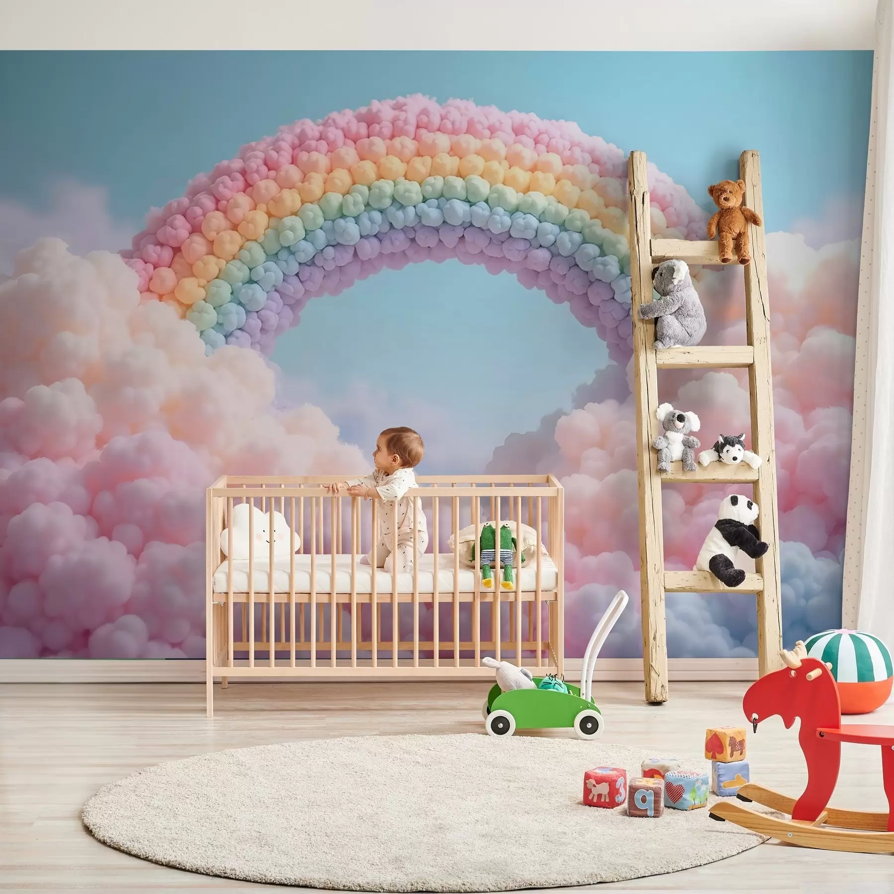 Wall Mural Photo Wallpaper Fluffy rainbow on clouds, painted w02615