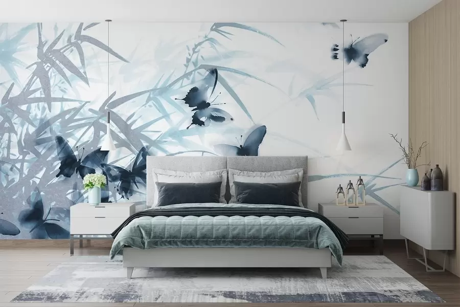 murales Texturas de hojas y tallos de bambú con mariposas azules voladoras de alas transparentes w08524