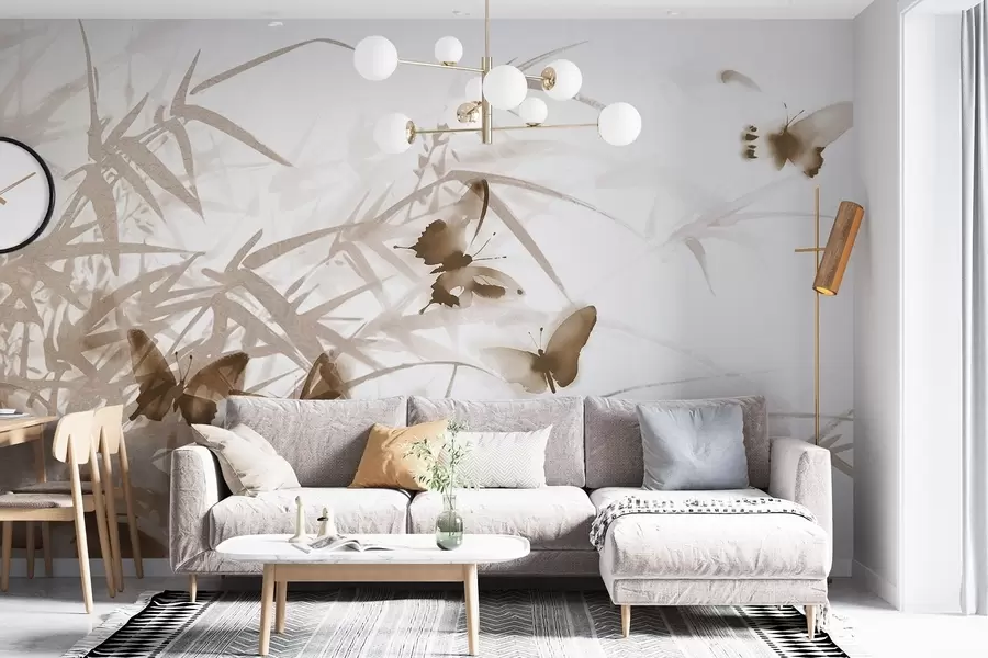 Wall Mural Photo Wallpaper Textural bamboo leaves and stems with flying brown butterflies with transparent wings w08524v1