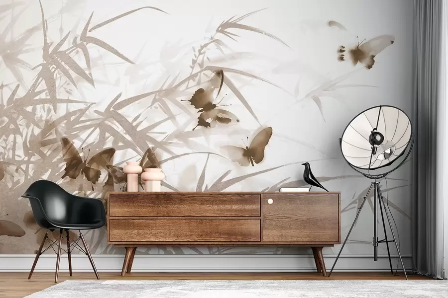 Wall Mural Photo Wallpaper Textural bamboo leaves and stems with flying brown butterflies with transparent wings w08524v1