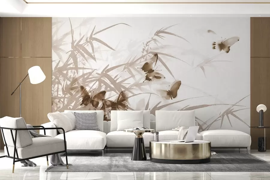 murales Texturas de hojas y tallos de bambú con mariposas marrones voladoras de alas transparentes w08524v1