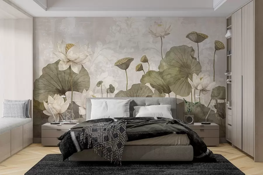 Wall Mural Photo Wallpaper A field of white lotus flowers with large green leaves against a soft, hazy textural beige background w08527