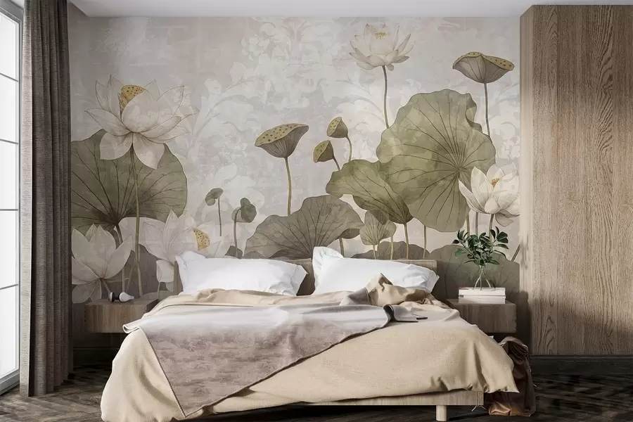 murales Un campo de flores de loto blancas con grandes hojas verdes sobre un fondo beige de textura suave y brumosa w08527