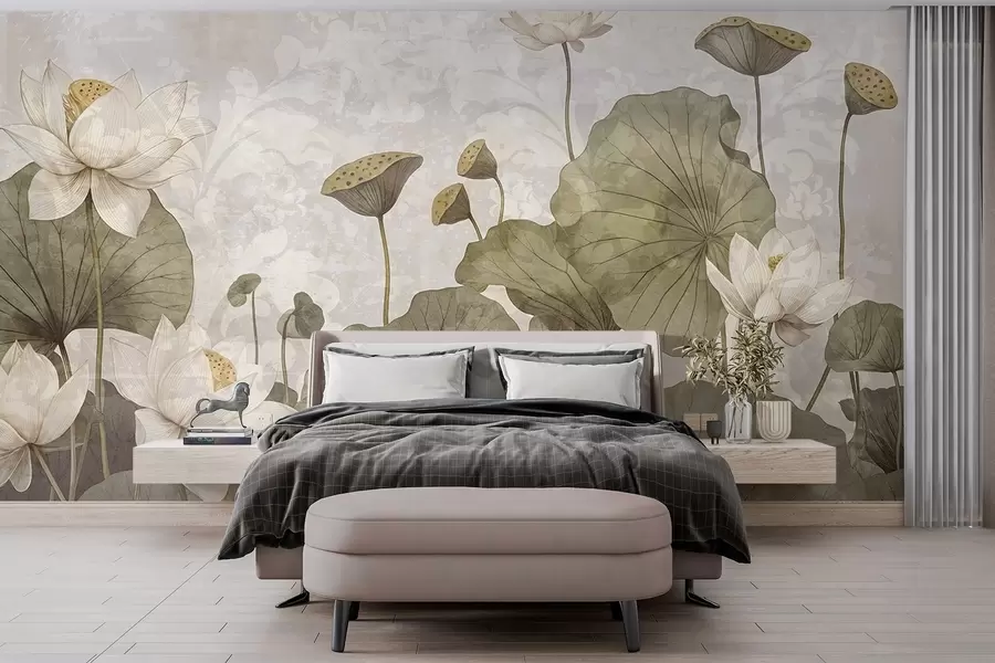 murales Un campo de flores de loto blancas con grandes hojas verdes sobre un fondo beige de textura suave y brumosa w08527