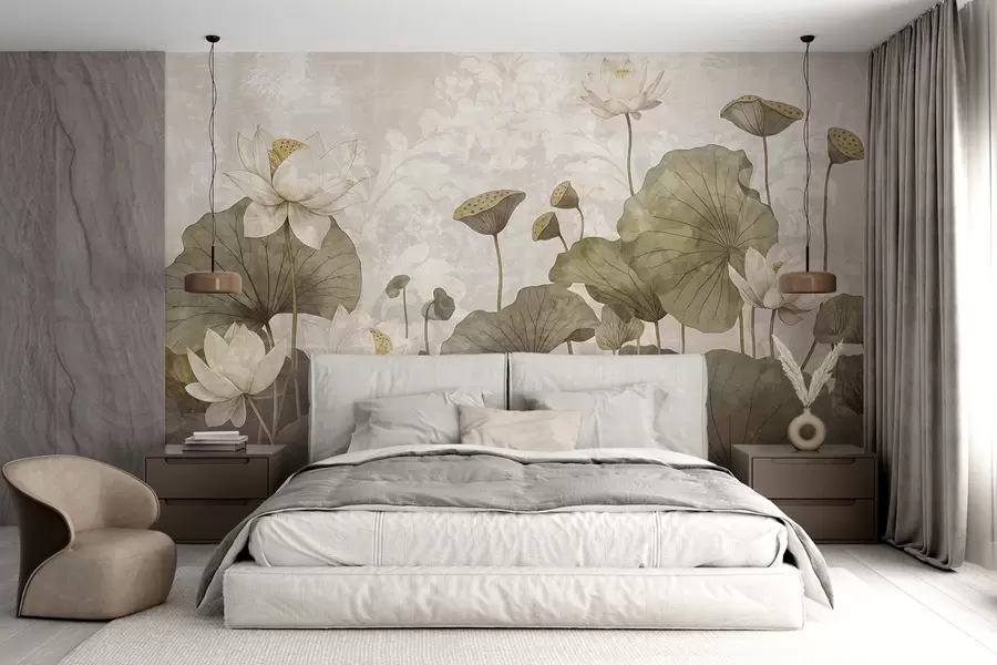 murales Un campo de flores de loto blancas con grandes hojas verdes sobre un fondo beige de textura suave y brumosa w08527