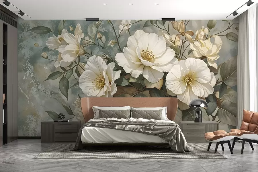 murales Grandes flores de peonía blancas con hojas verdes sobre un fondo turquesa de textura suave w08528